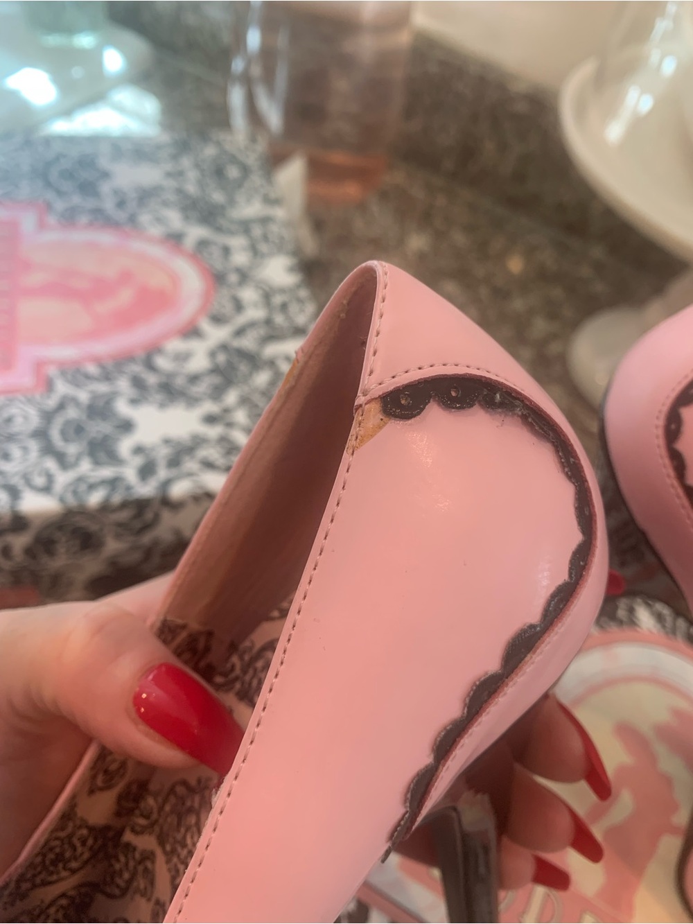 Bordello Pink Patent Platform Pumps with Black Trim and Ribbon - Picture 8 of 10
